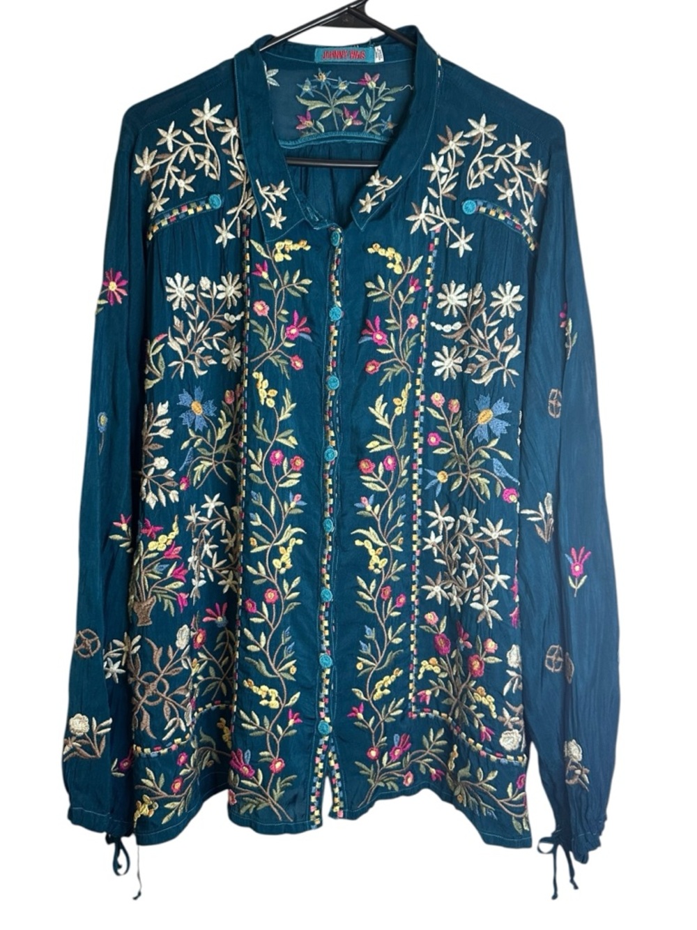 Johnny Was Bethan Blouse Teal Embroidered Boho Festival Embroidered XXL C16922